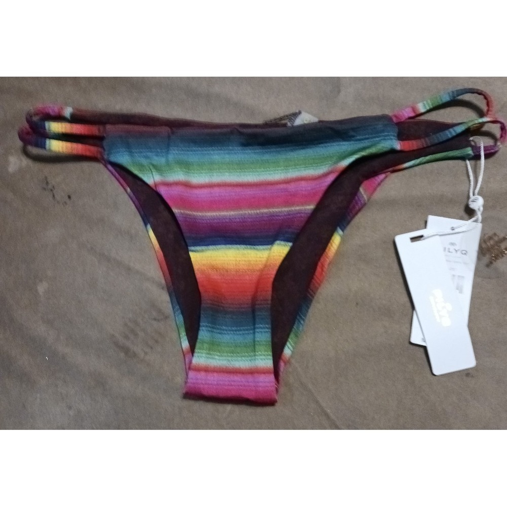 NEW Pilyq Swim Maya Reversible Stripe Bikini Bottoms, Medium